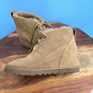 UGG Femme Wedge Ankle Boot Lace Up Women's 6M Chestnut Faux Fur Lined